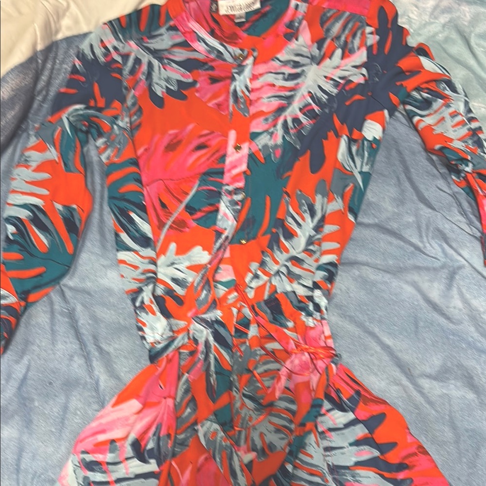 Jennifer Lopez Vibrant Leaf Print Jumpsuit - Red, Pink, Green